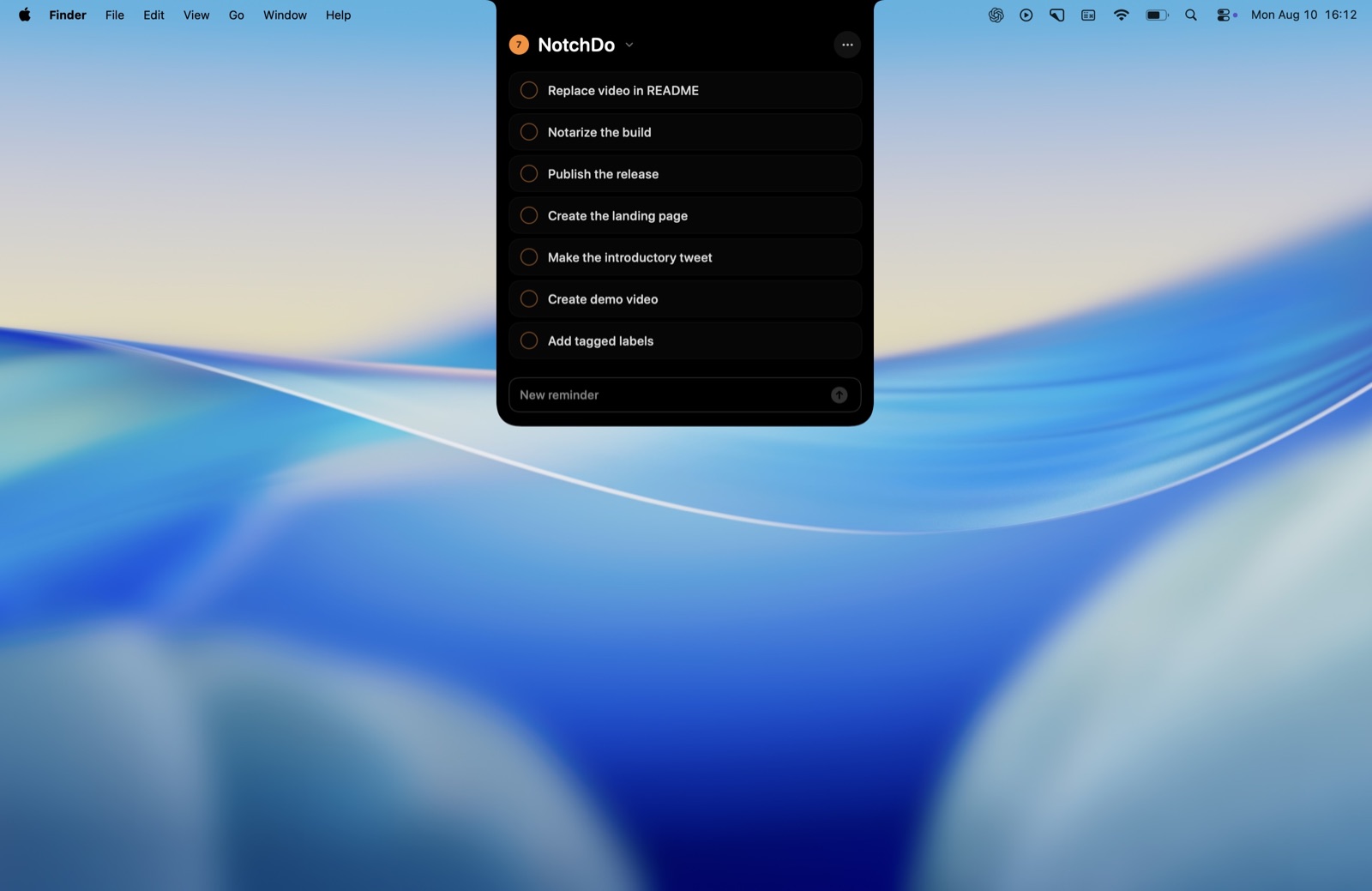 NotchDo expanded beneath a MacBook notch, showing a list of reminders
