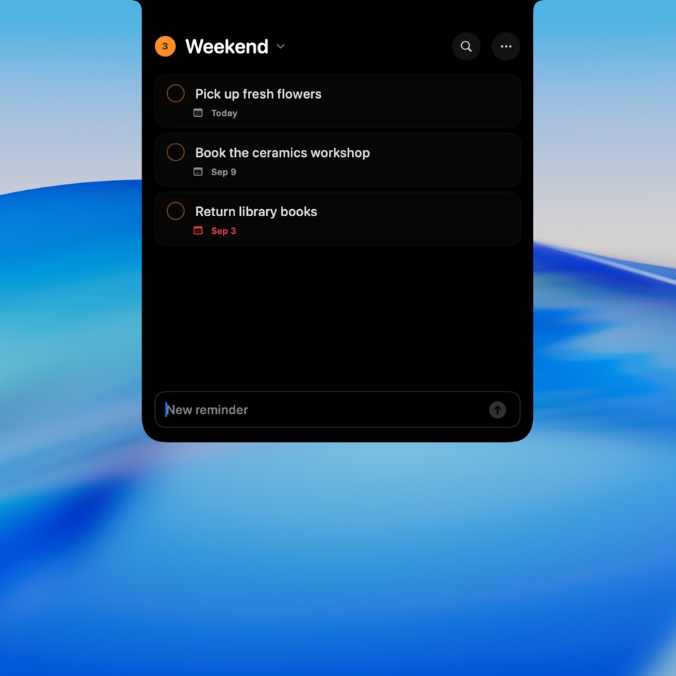 Weekend list at the notch with due dates, completion controls, search, and a bottom composer
