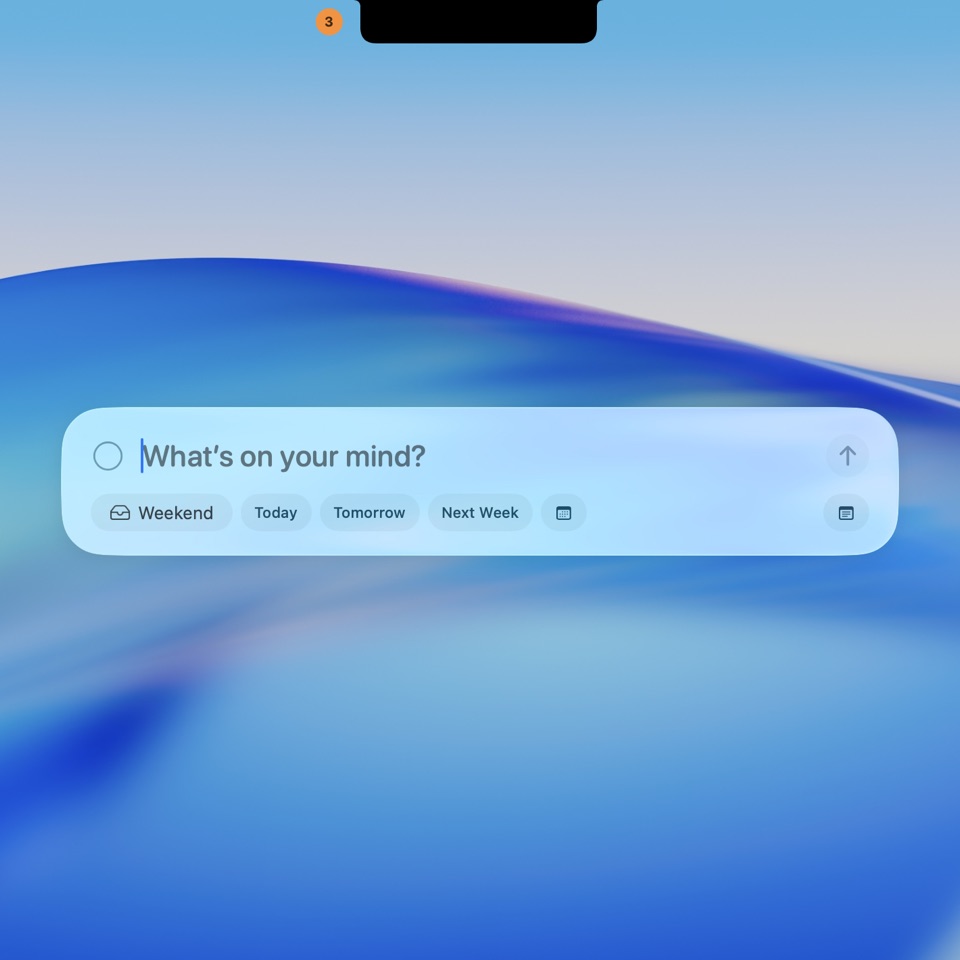 The translucent Quick Capture panel with a title field, Weekend list, date shortcuts, calendar, and notes controls