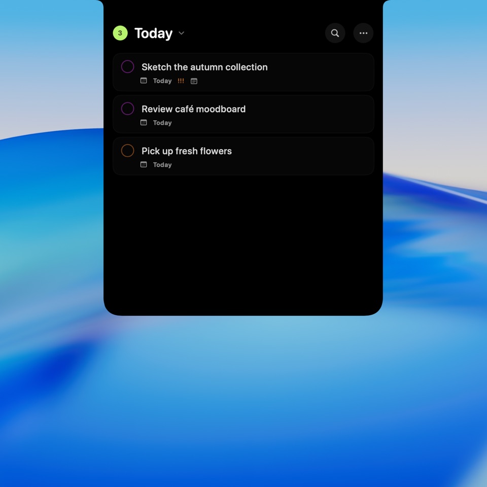 Today smart scope showing incomplete reminders from Studio and Weekend lists, with list-colored completion circles